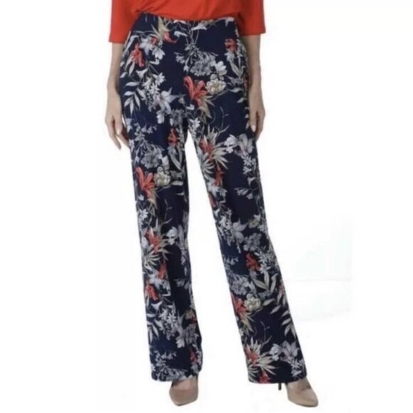 New Kim & Co Wide Leg Navy Blue Floral Stretch Pants Size XXXL bin 1G - Picture 1 of 5